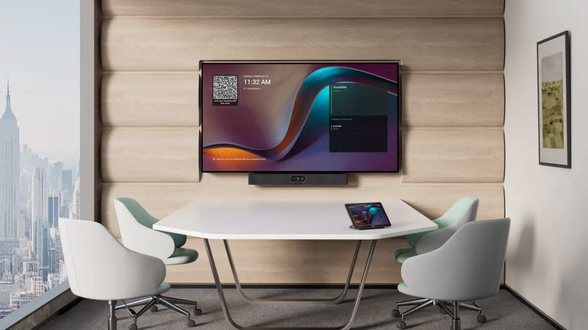 Small meeting room with a Yealink MeetingBar under the screen and a touch panel on the table