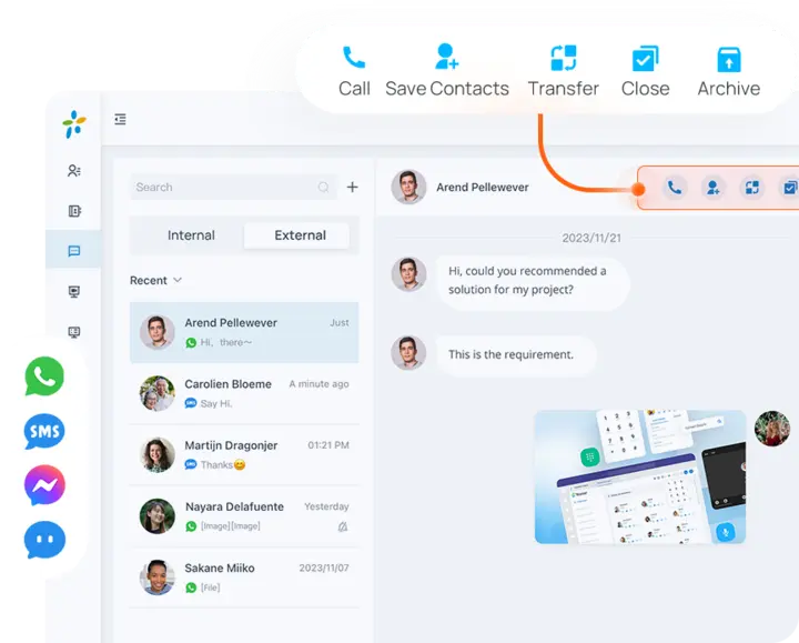 Yeastar messaging inbox with WhatsApp, SMS and Facebook conversations alongside call controls